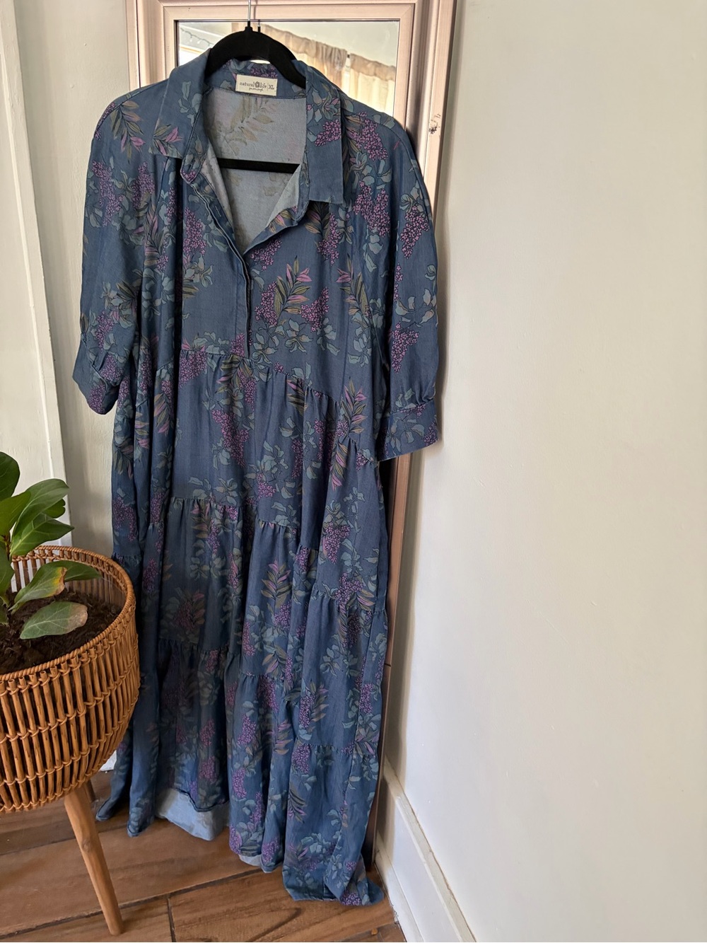 Natural Life XL Blue Floral Tiered Midi Dress Boho Cottagecore Button Front